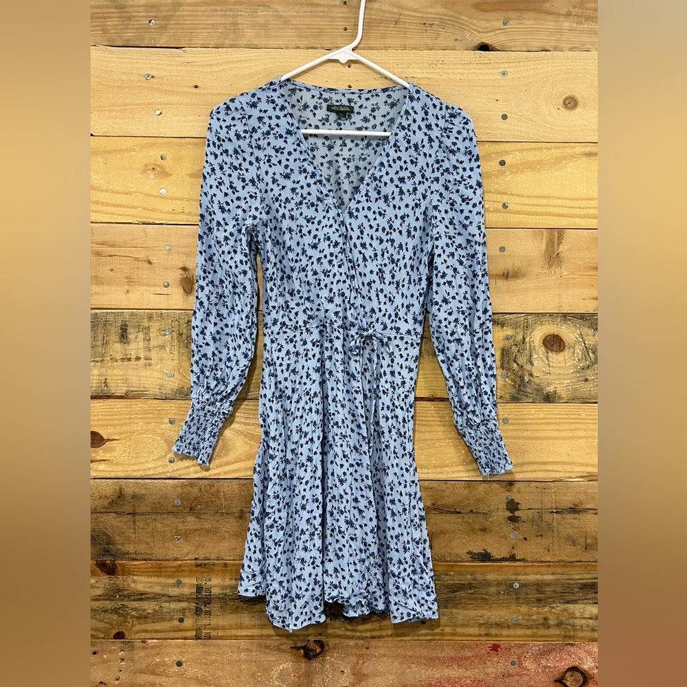 Wild Fable Dress Small Blue Micro Blue Flowers Long Sleeve Tie Waist V Neck
